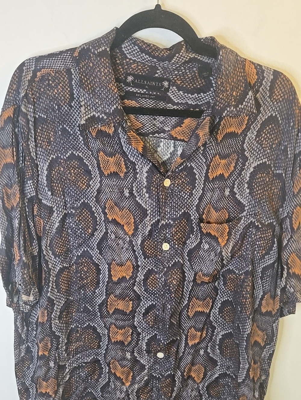 All Saints Men's Snake-Print Button-Up Shirt in Black & Brown - Picture 2 of 6
